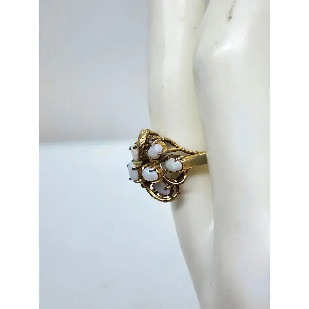 Vintage Opalene Rhinestone Cocktail Ring Gold Plated Floral Leaf Cluster Size 9